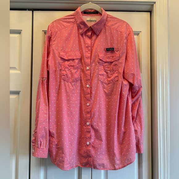 Columbia PFG, Super Bonehead, pink & white polka dot fishing shirt, M - Picture 1 of 15
